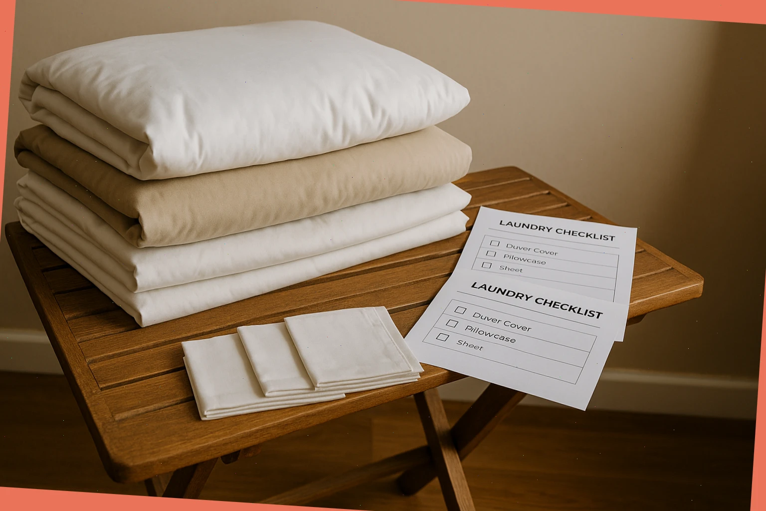 Folding bench with stacked duvet covers, pillowcases, and checklists for returns