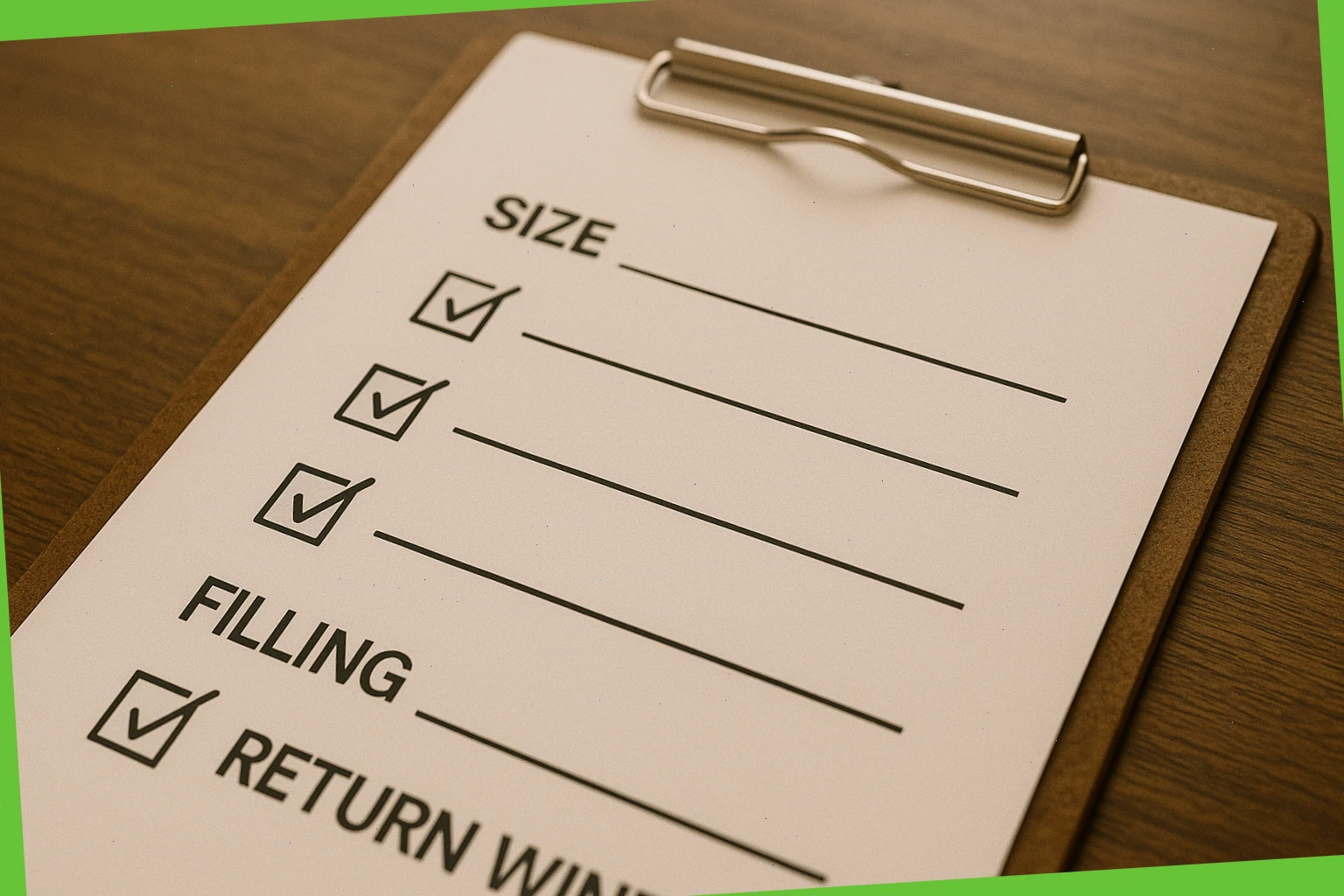 Checklist with ticked boxes for sizes, fibre type, and return window