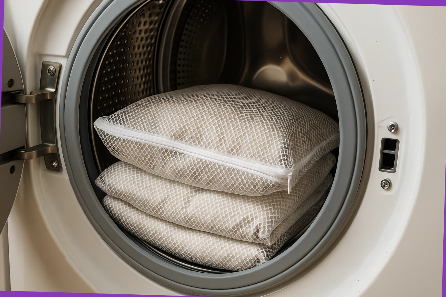 Open washer drum with neatly netted pillowcases ready for a cycle